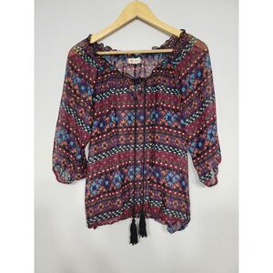 Olsenboye‎ Sheer Boho 3/4th Sleeve Top W/Tassles Size Large